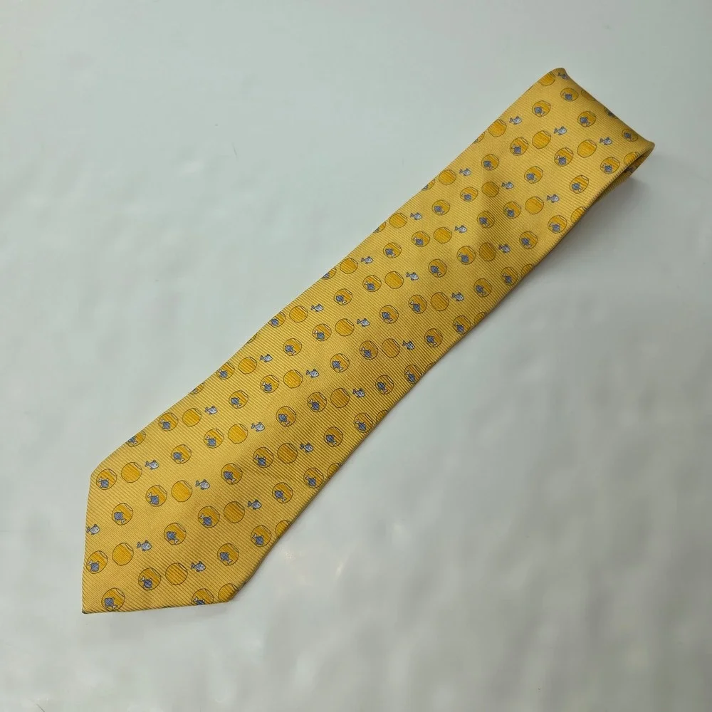 Tommy Hilfiger Tie Mens Novelty Yellow‎ Fish Bowl Print Italian Silk Made In USA
